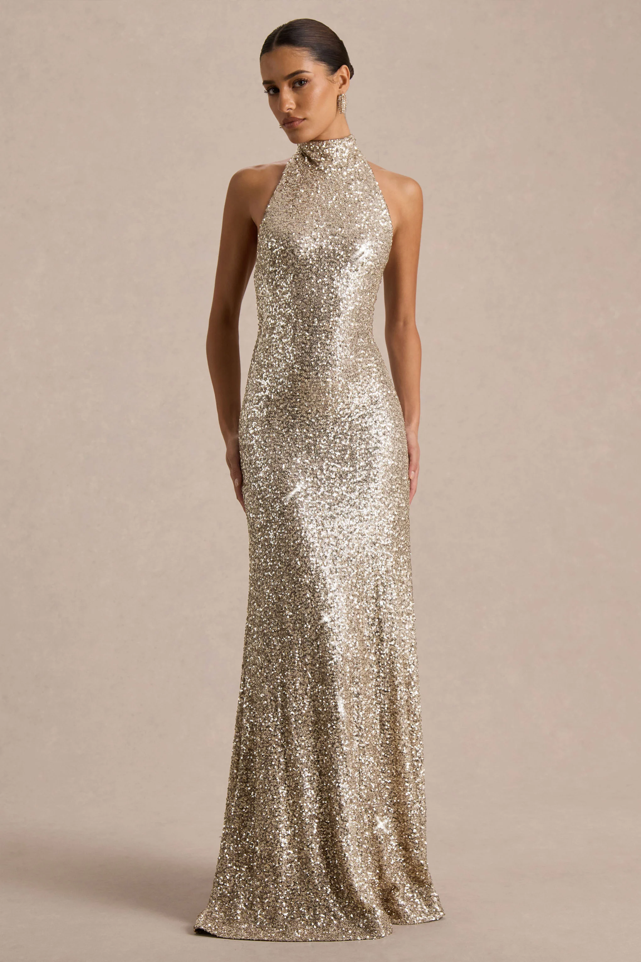 Tulia | Robe longue en sequins dorés à col montant