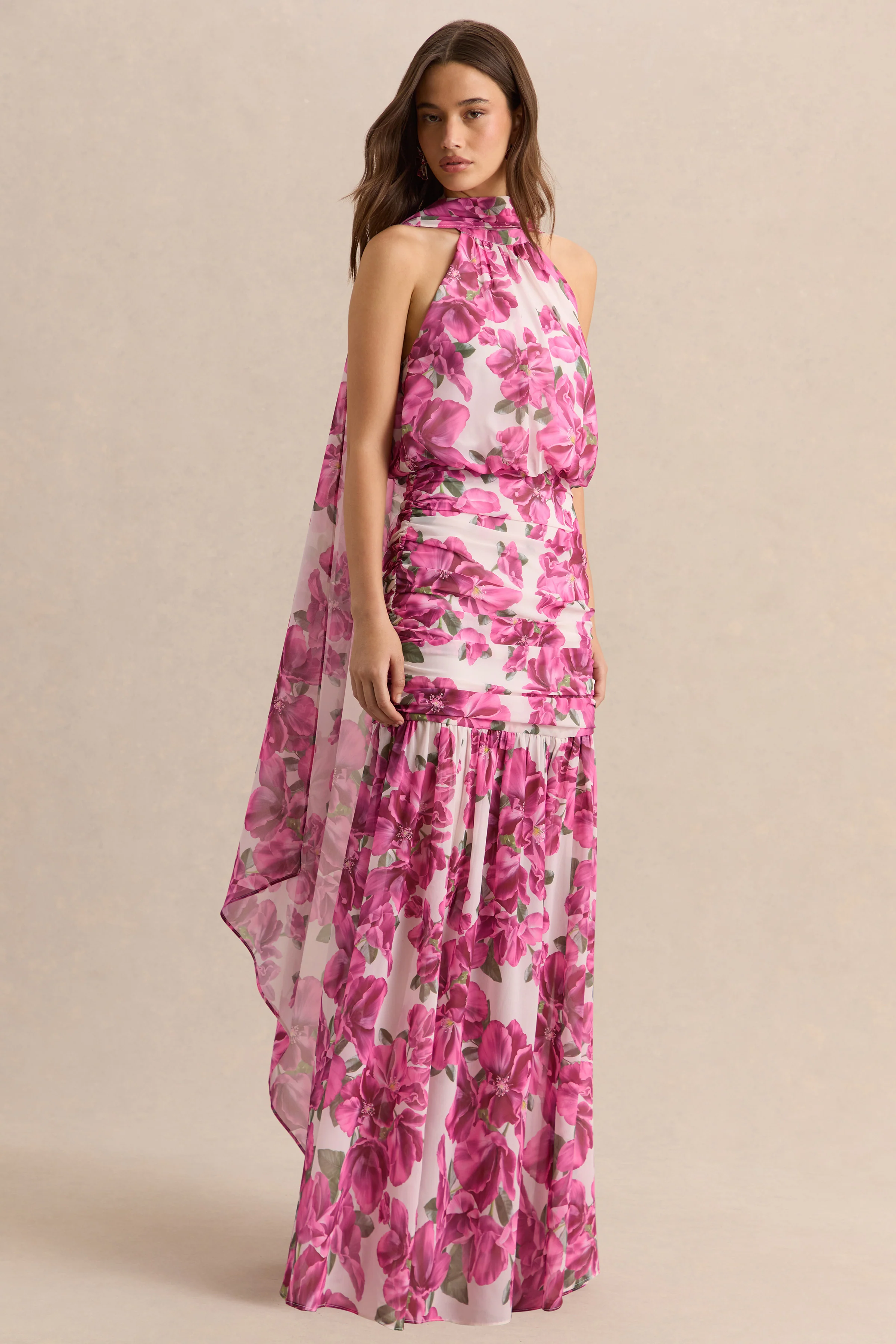 Veronique | Robe longue dos-nu à imprimé floral hibiscus rose