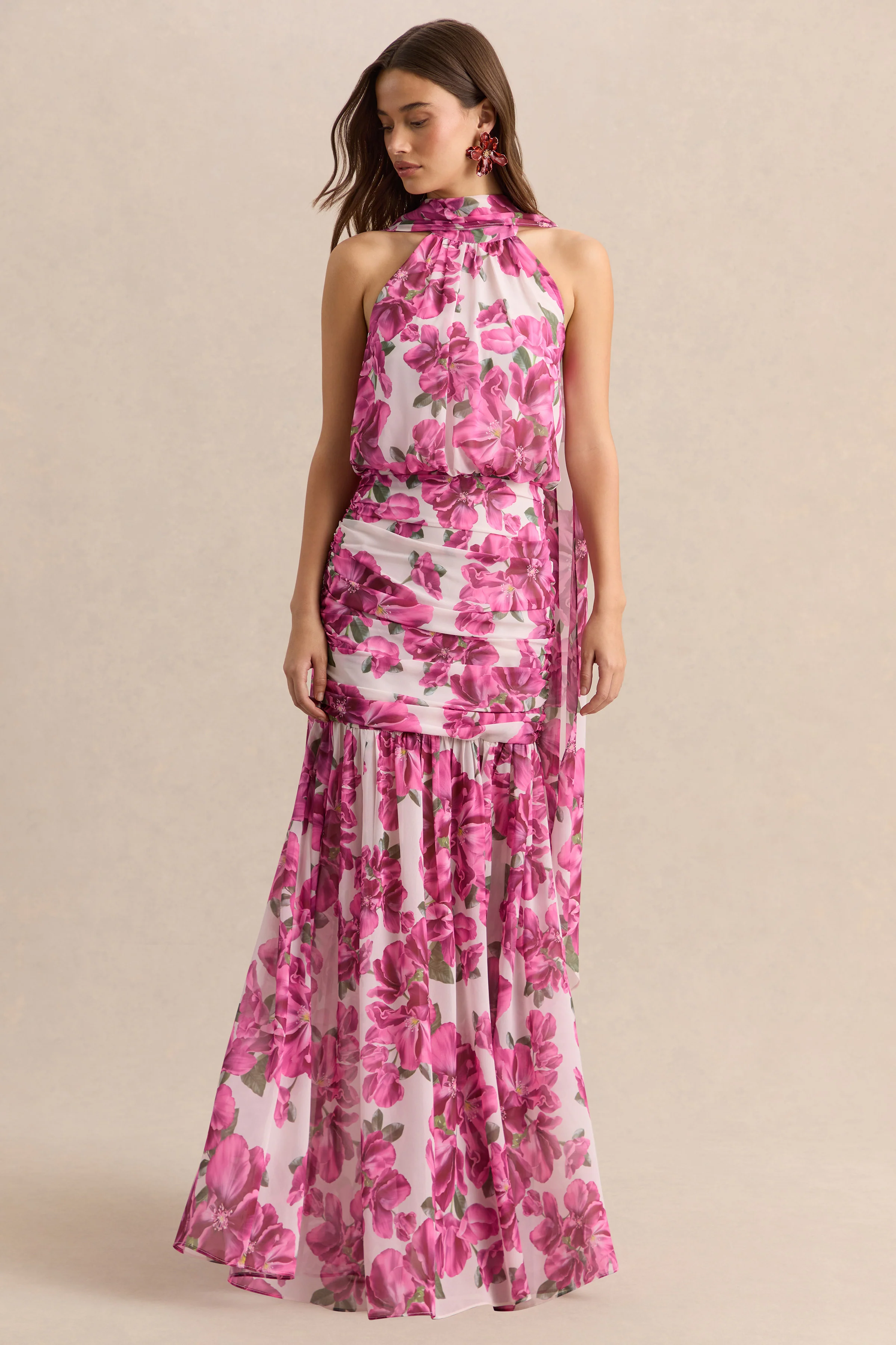 Veronique | Robe longue dos-nu à imprimé floral hibiscus rose - Image 5