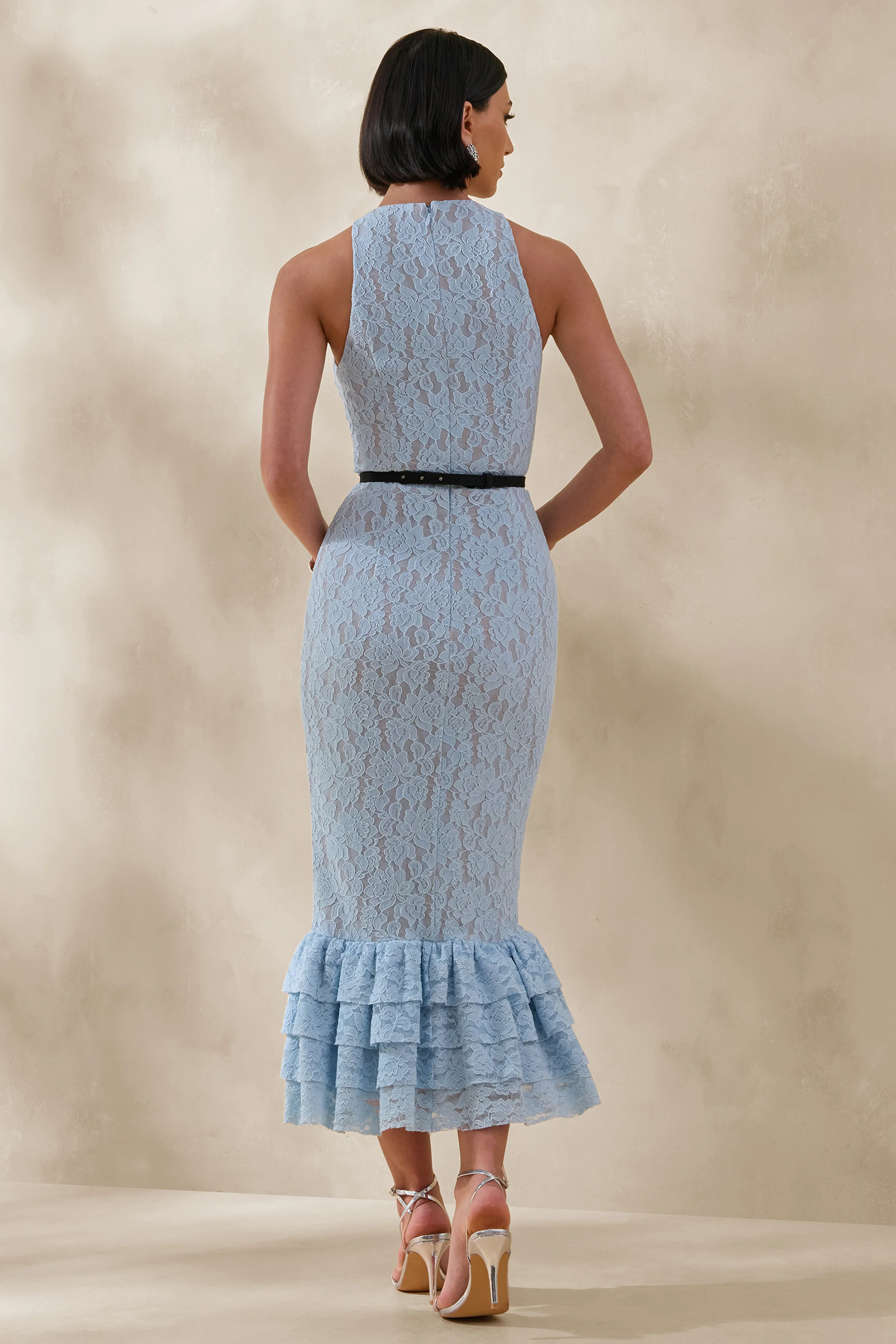 Vionna | Robe mi-longue en dentelle bleue à col montant avec détail de ceinture à nœud - Image 2