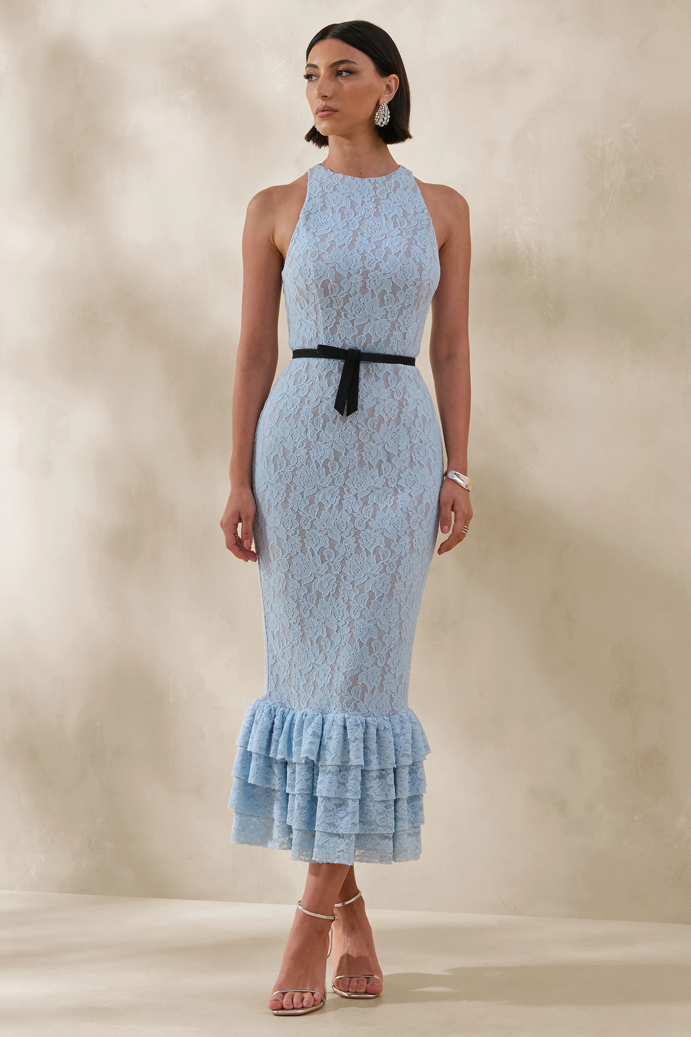 Vionna | Robe mi-longue en dentelle bleue à col montant avec détail de ceinture à nœud - Image 5