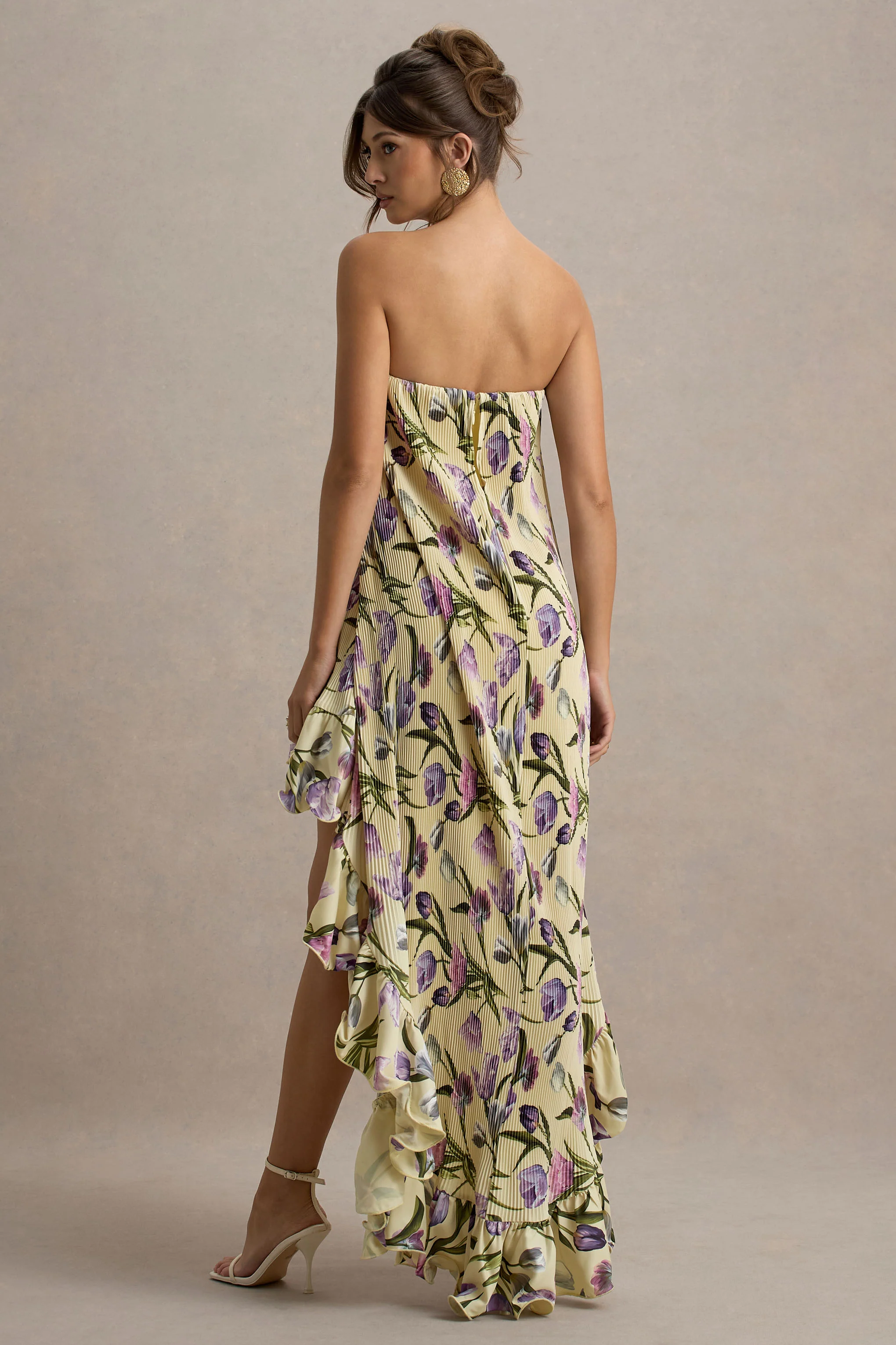 Whistler | Robe longue chiffon floral tulipe décolleté bandeau et froncée - Image 3