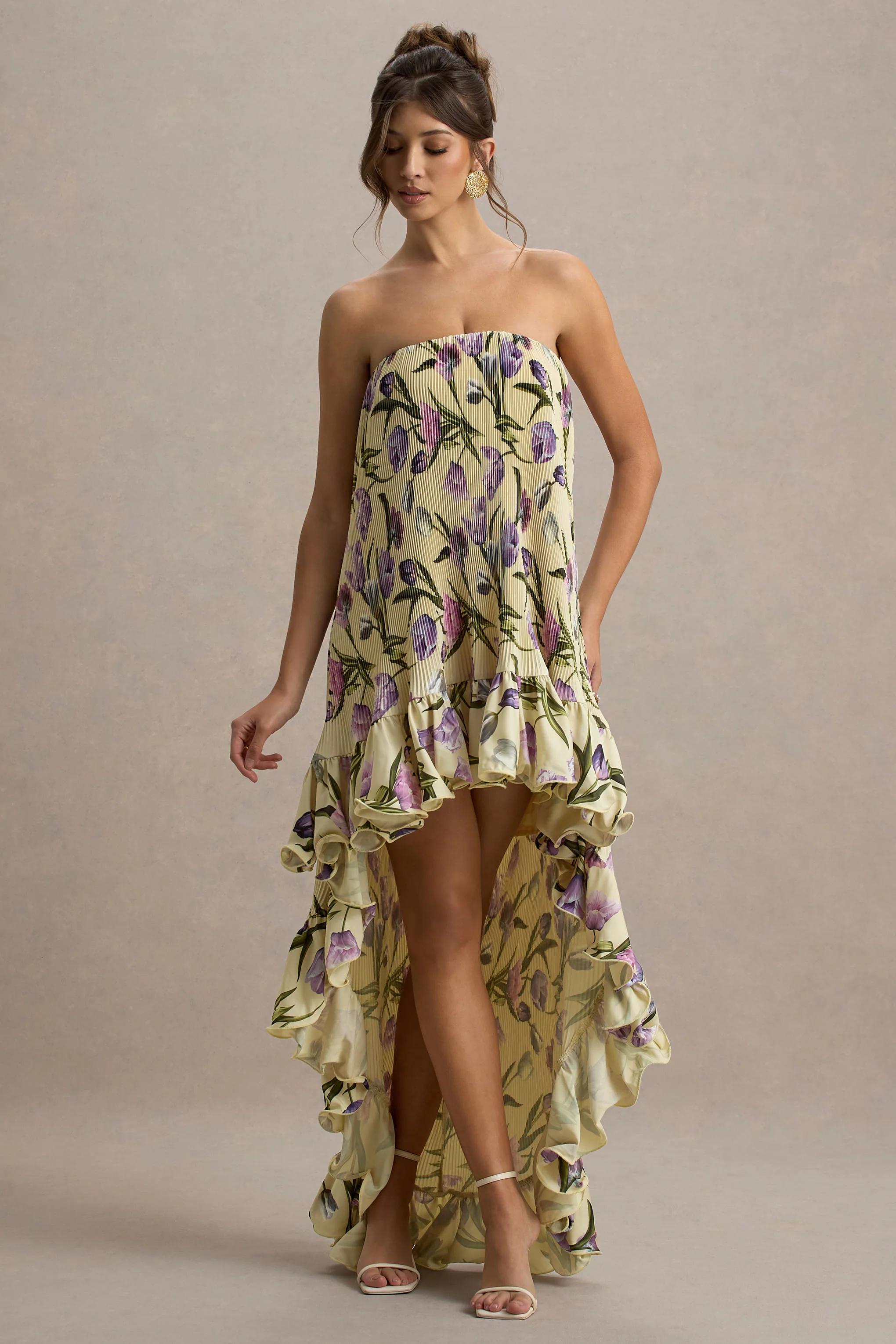 Whistler | Robe longue chiffon floral tulipe décolleté bandeau et froncée - Image 5