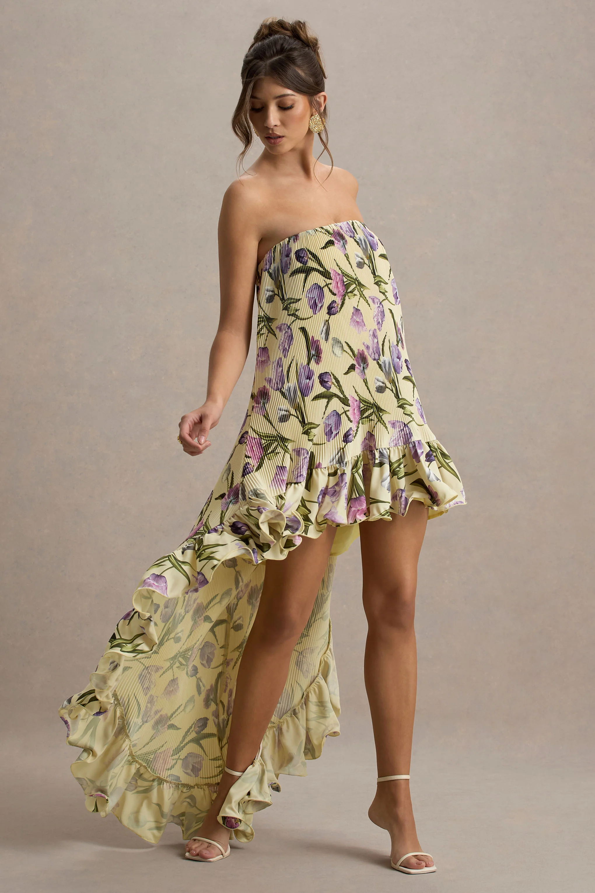 Whistler | Robe longue chiffon floral tulipe décolleté bandeau et froncée - Image 6