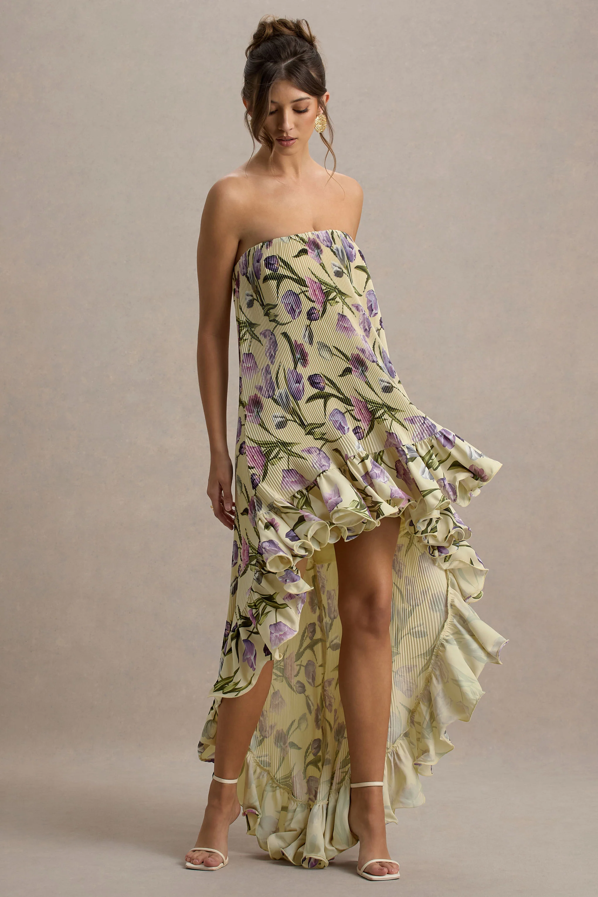 Whistler | Robe longue chiffon floral tulipe décolleté bandeau et froncée - Image 7