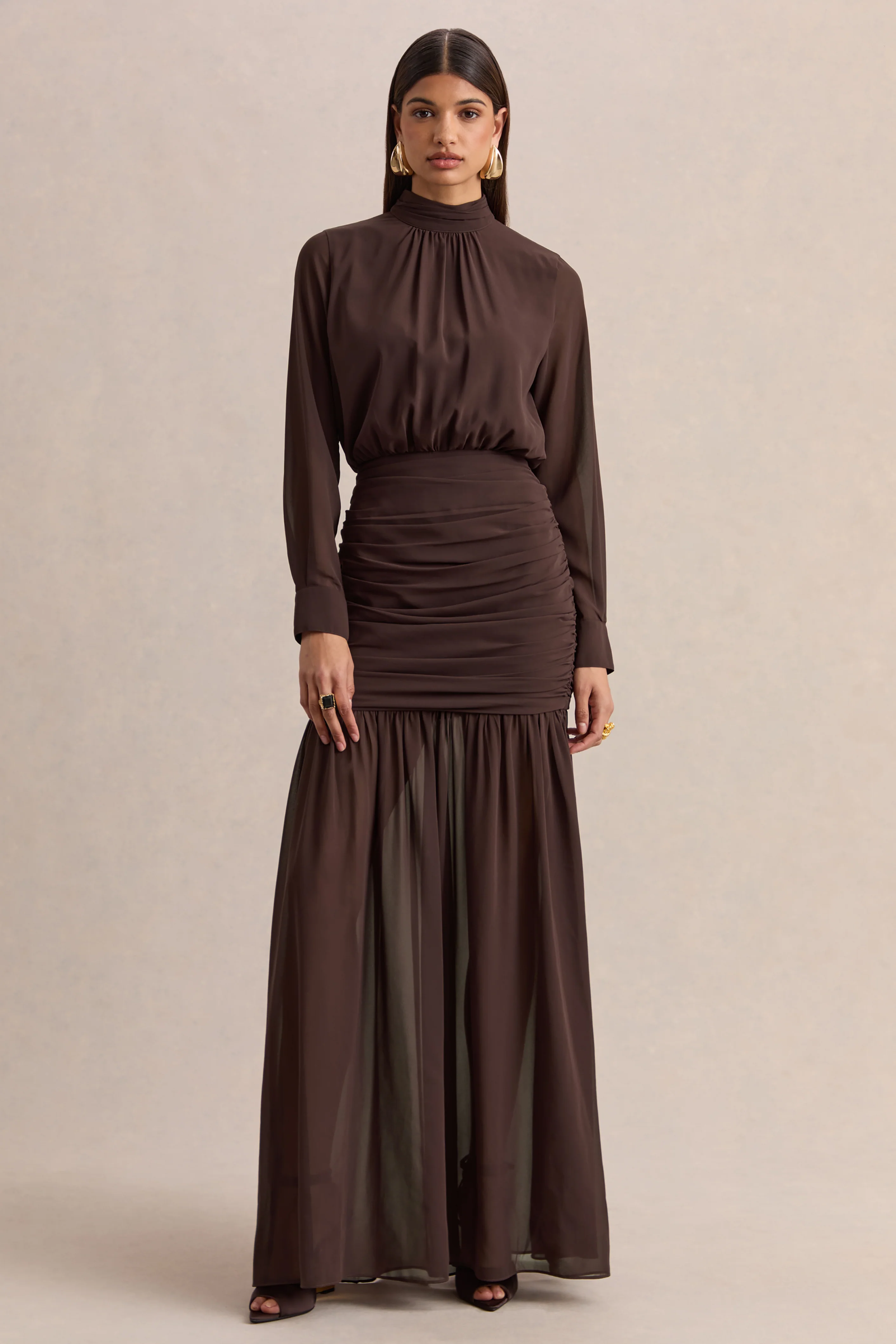 Zella | Robe longue marron à encolure montante avec jupe transparente