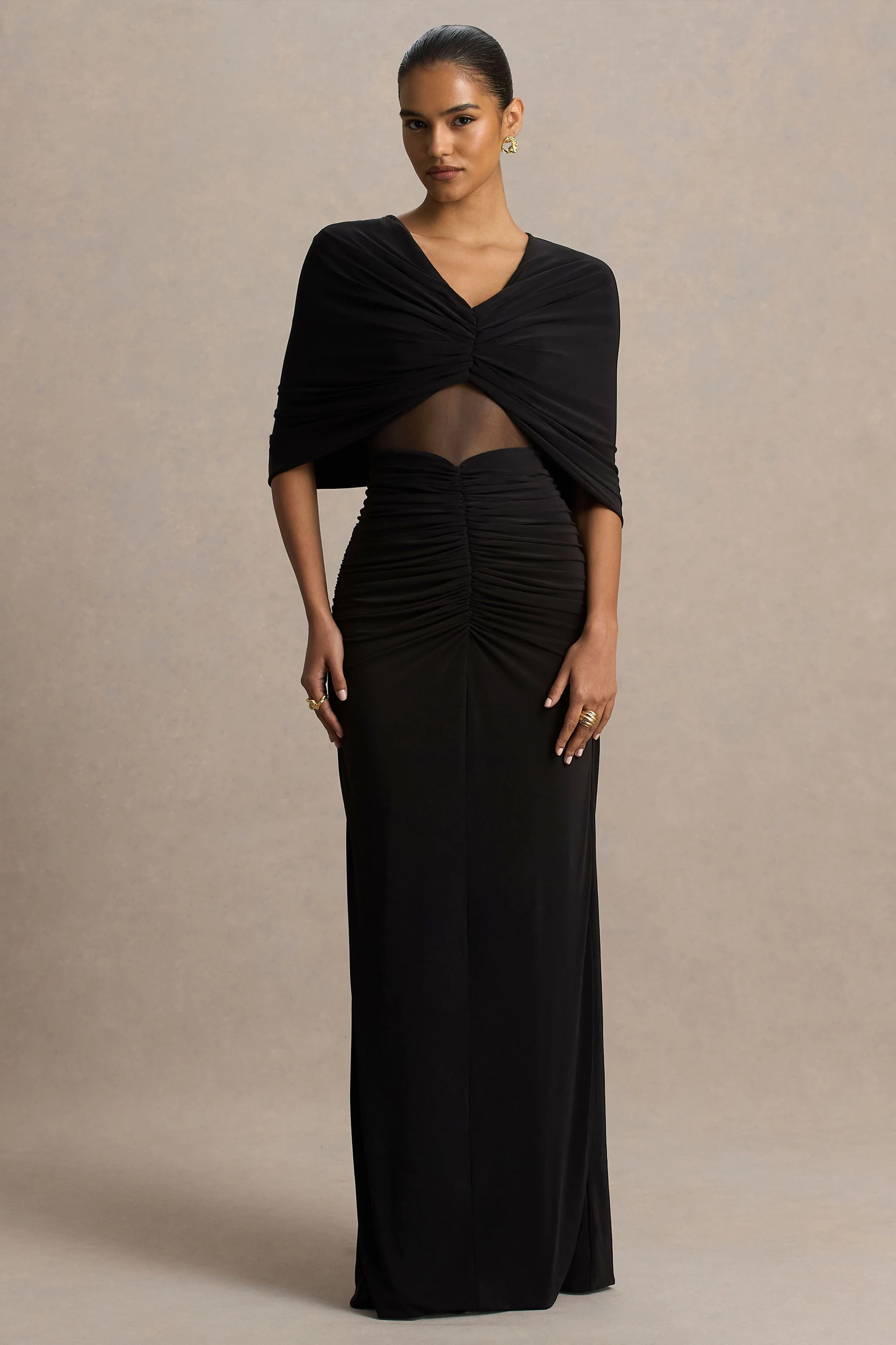 Zinnie | Robe longue noire à manches cape avec panneau en mesh - Image 4