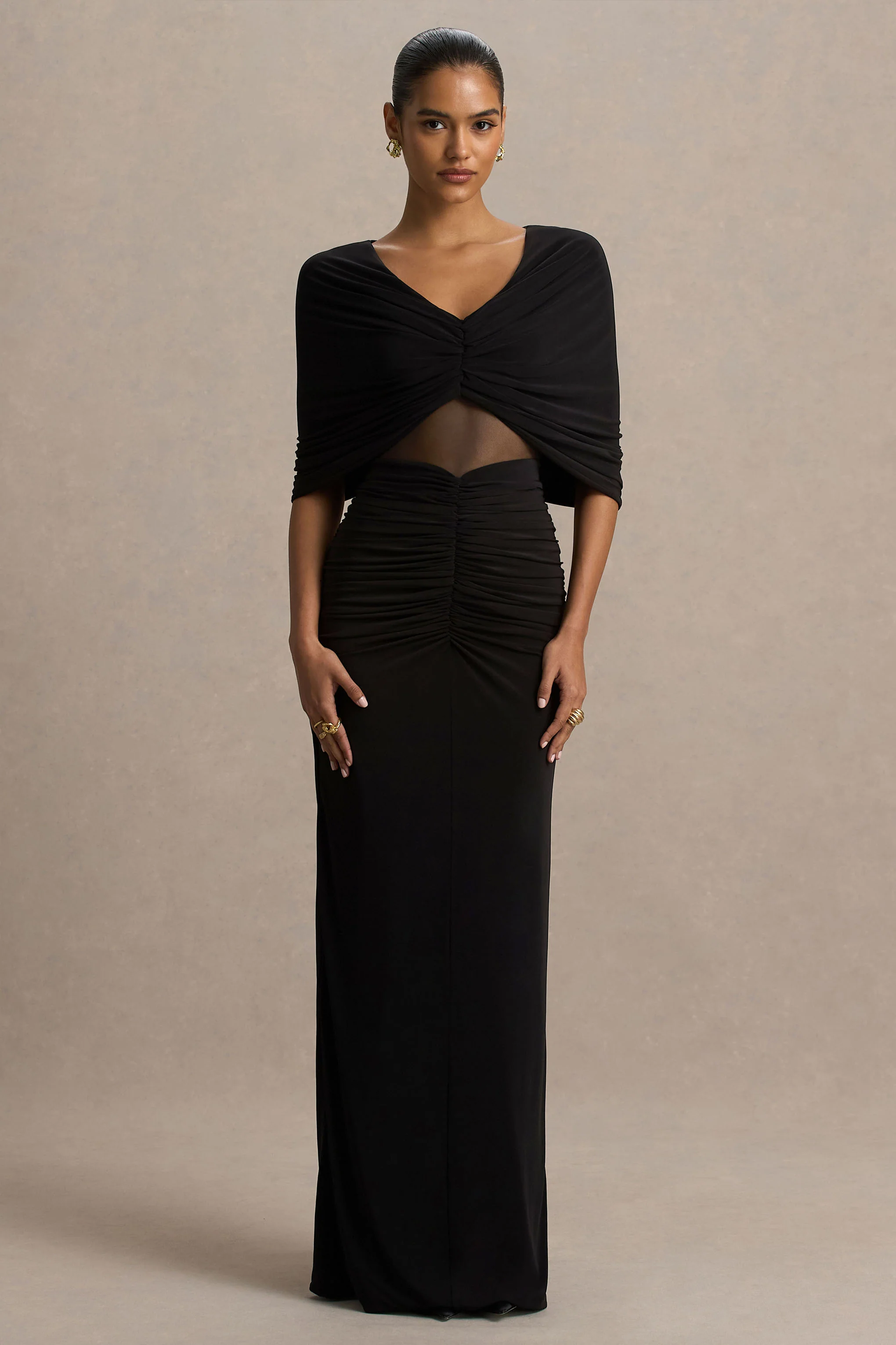 Zinnie | Robe longue noire à manches cape avec panneau en mesh - Image 5