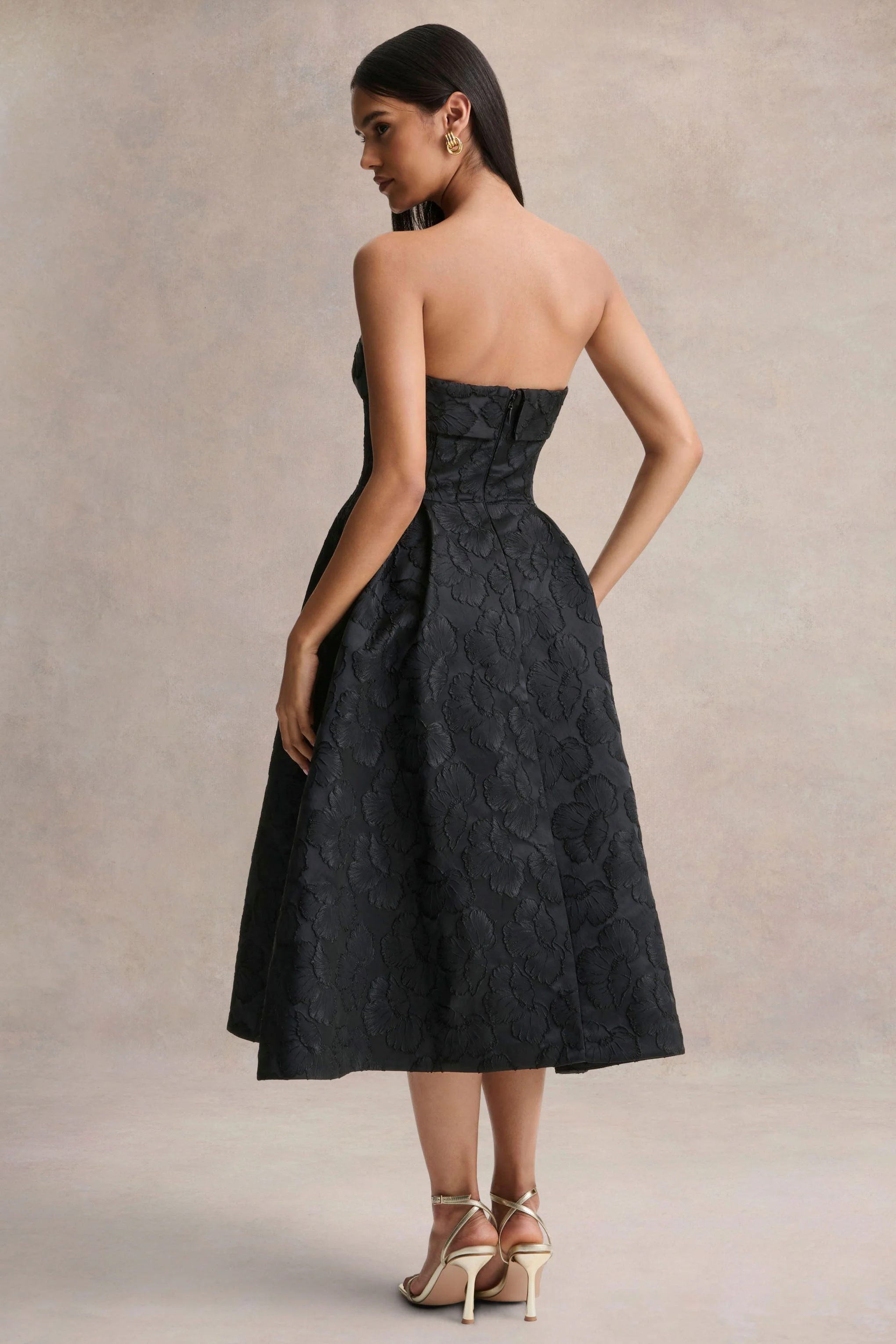 Zuma | Robe mi-longue bustier en jacquard métallisé noir - Image 2