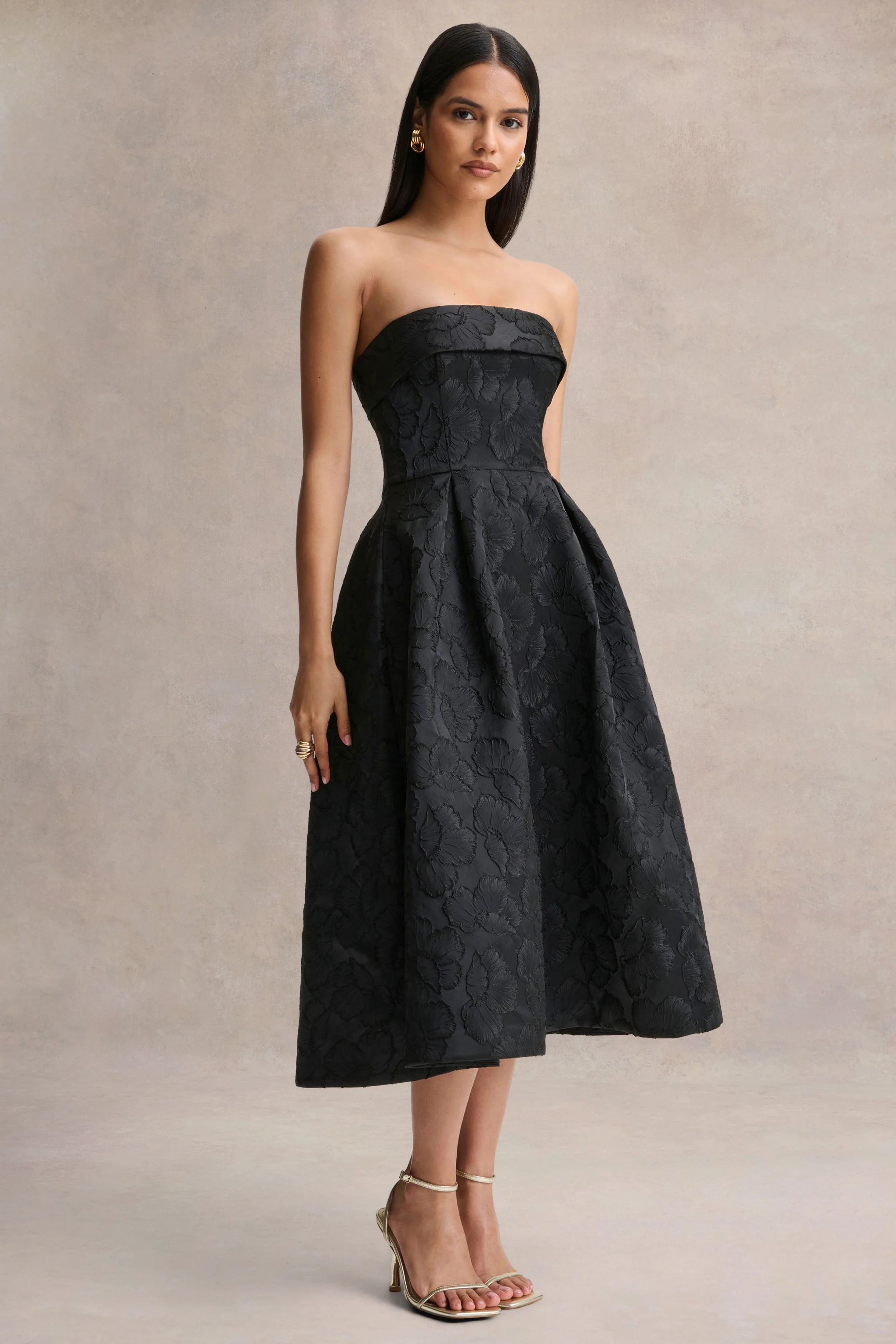 Zuma | Robe mi-longue bustier en jacquard métallisé noir - Image 5